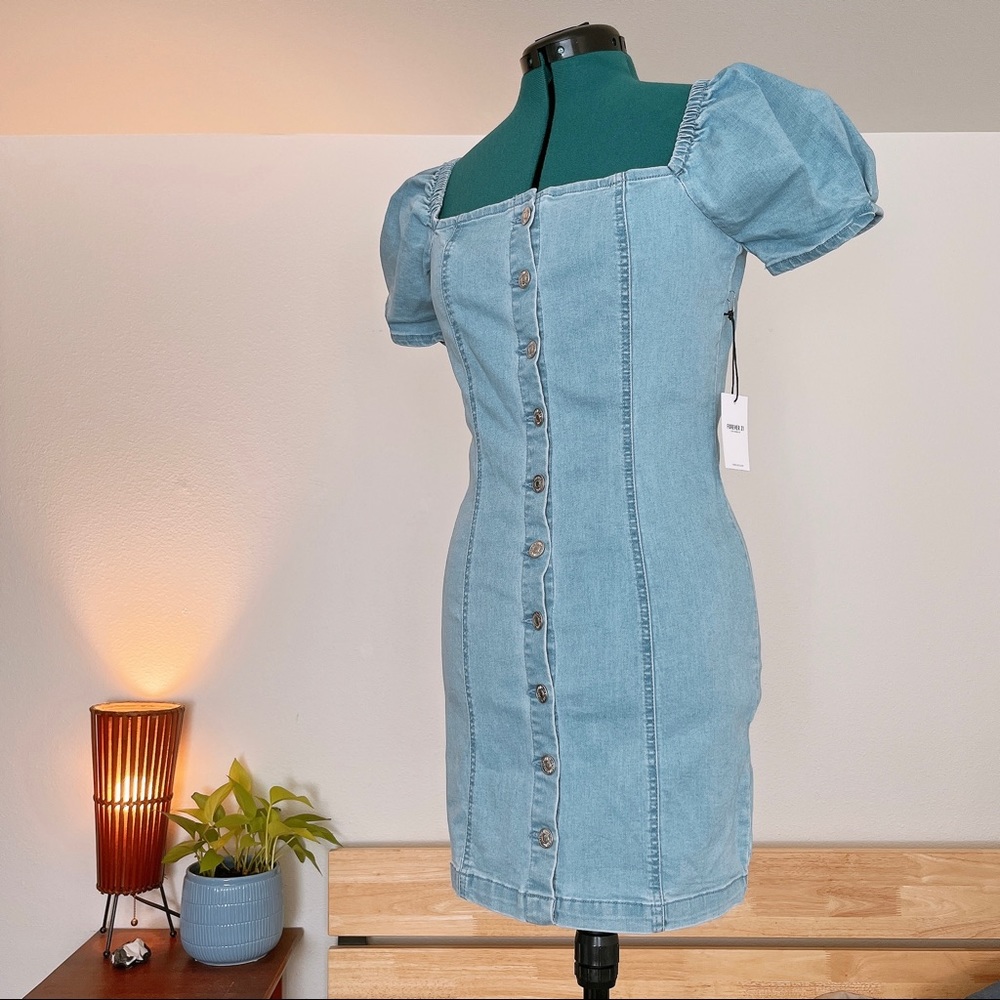 NWT Forever 21 Chambray Puff-Sleeve Sheath Mini Dress